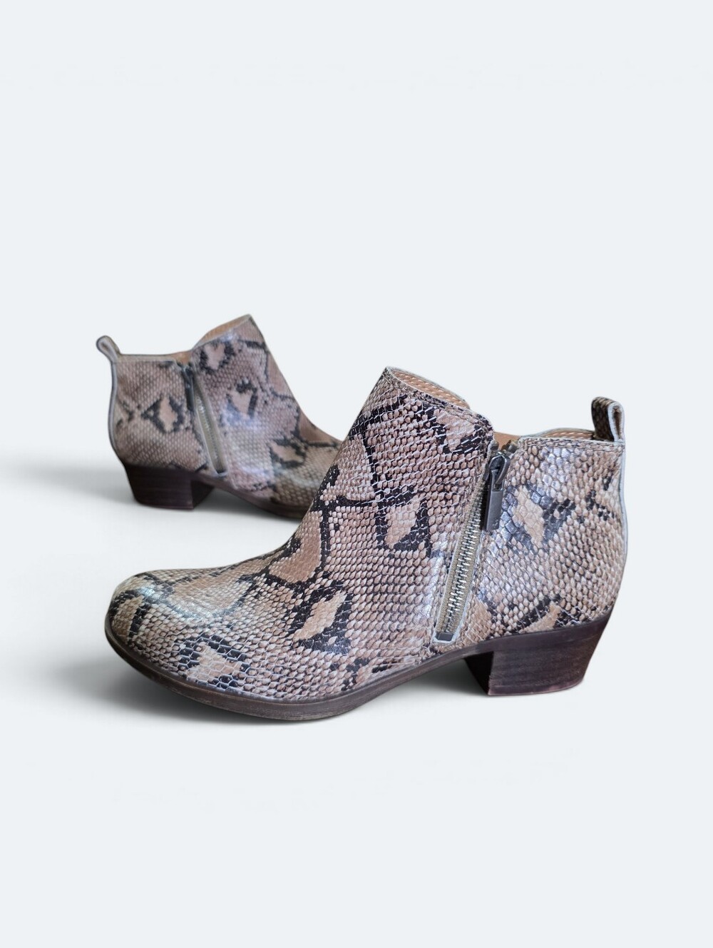 Lucky Brand Basel Snakeskin Leather Ankle Booties Double Zip Boho Size 6 M